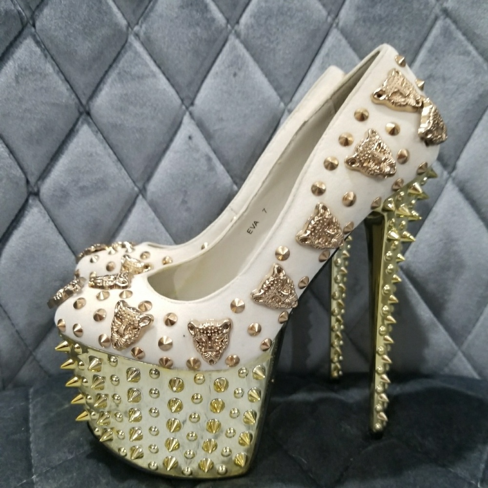 Gold and white studded pumps
